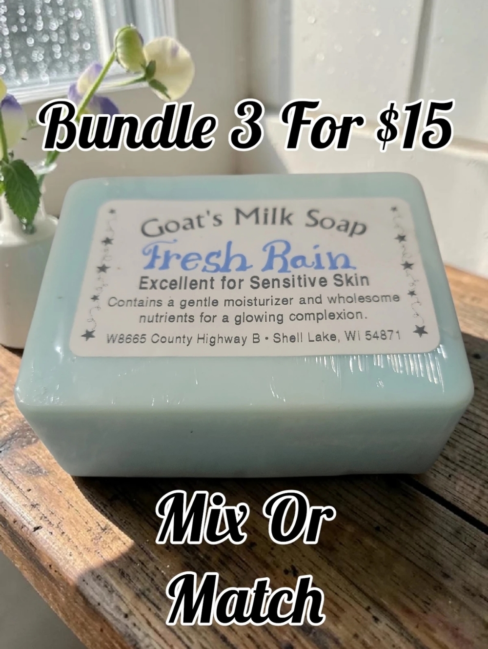 1 Home-made Amish Goat's Milk Soap Bar "Fresh Rain" Borntregers Bundle 3 For $15